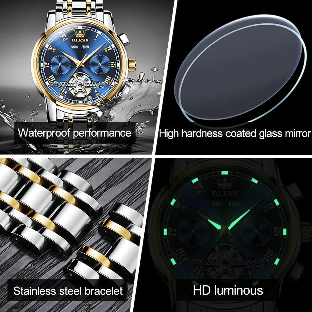 OLEVS 6607 Men's Automatic Mechanical Watch – Stainless Steel, Waterproof, Luminous Dial