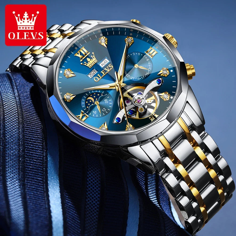 OLEVS 6621 Men's Skeleton Moon Phase Automatic Watch – Luminous, Prism Mirror, Stylish