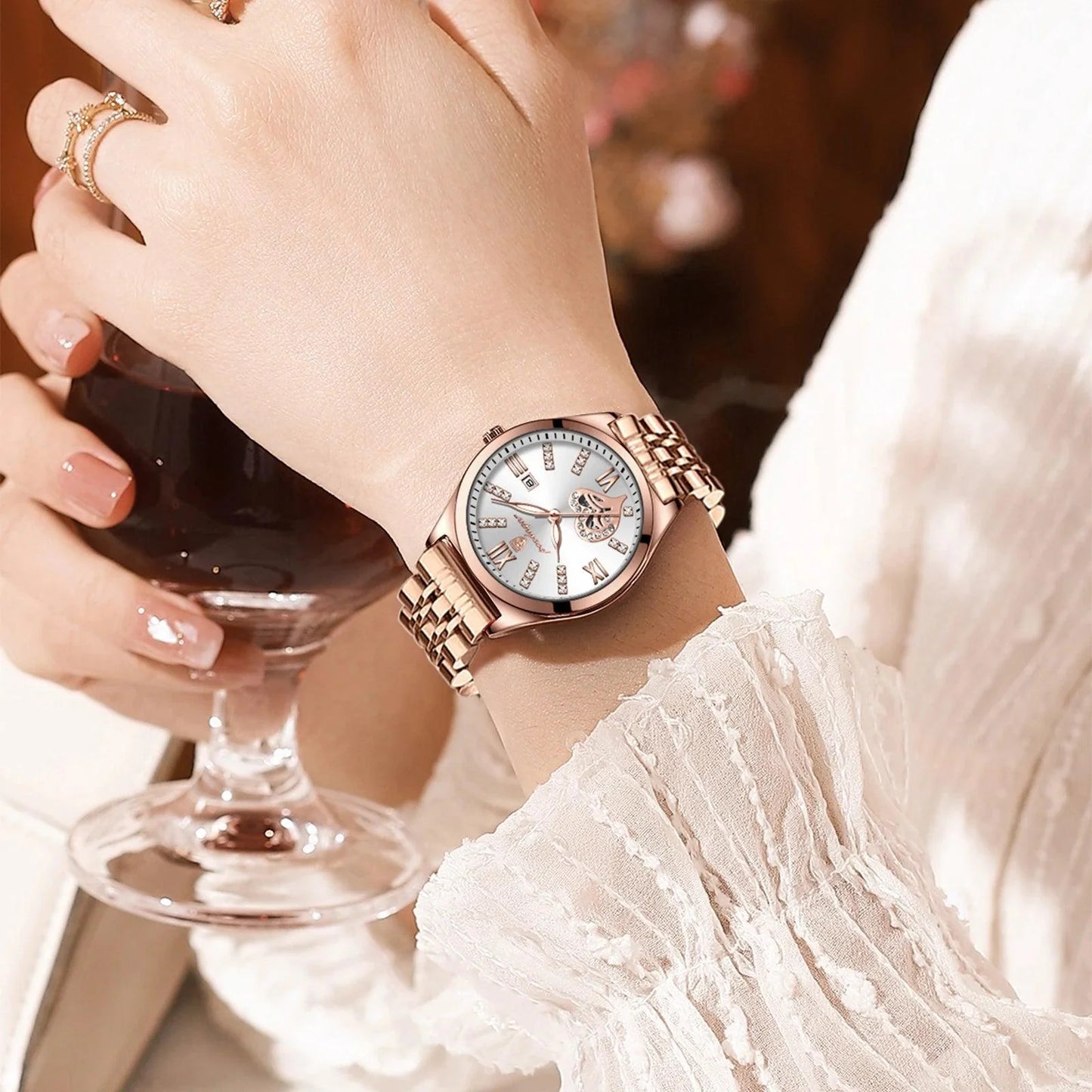 POEDAGAR 320 Luxury Luminous Date Stainless Steel Quartz Ladies Watch