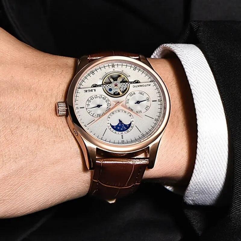LIGE 6826 Automatic Tourbillon Watch Moohphase, Date and Day