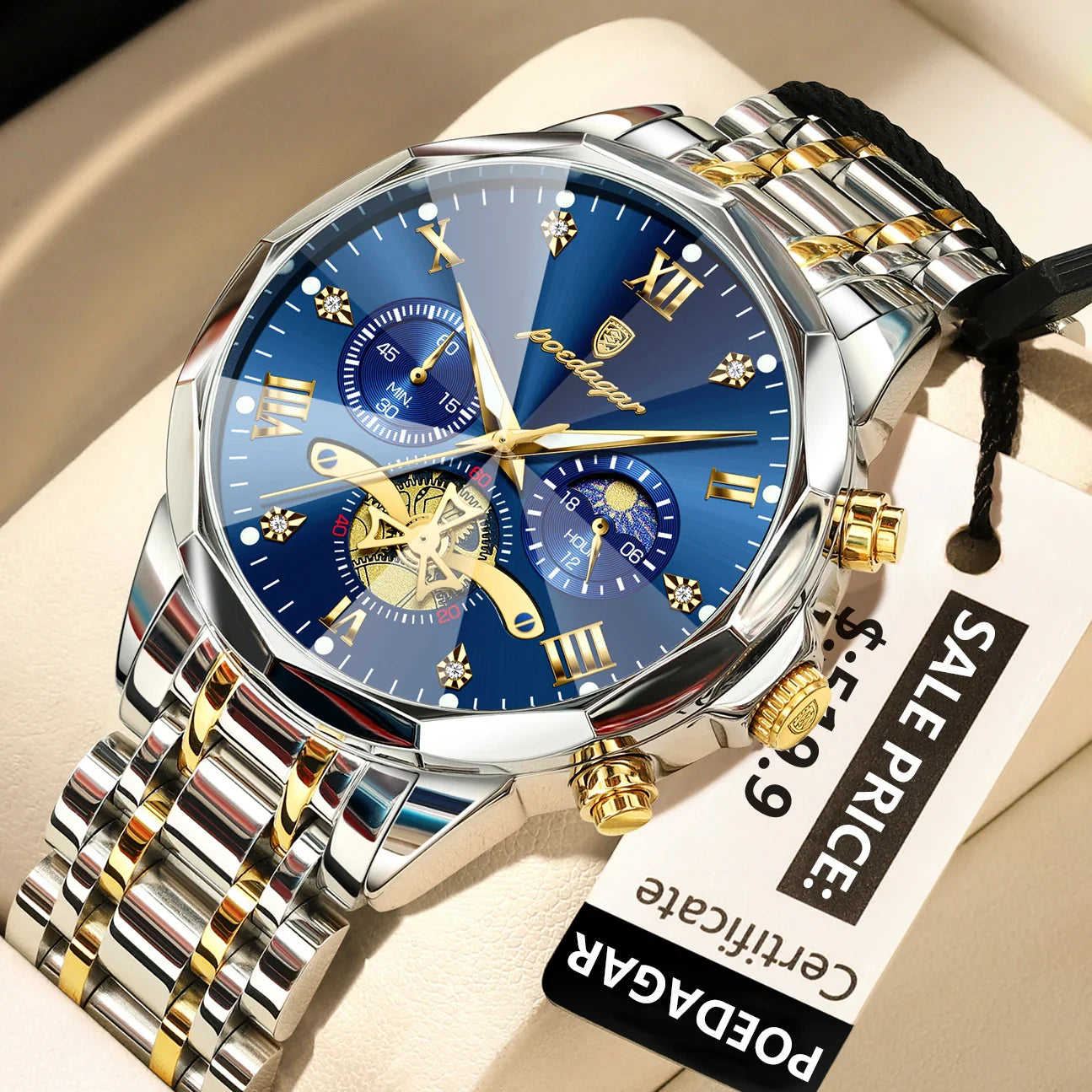 POEDAGAR 938 Diamond Mirror Chronograph, Original Quartz Men's Watch