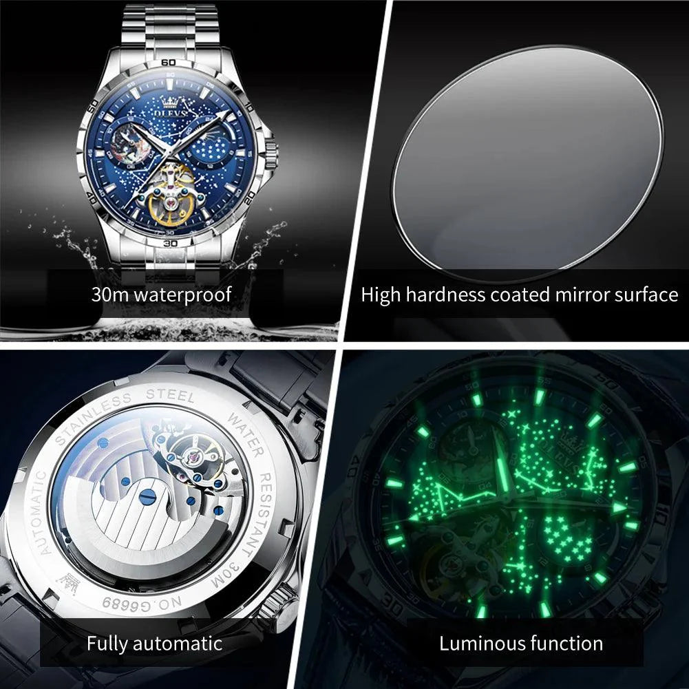 OLEVS 6689 Starry Sky Disk Waterproof Luminous Automatic Moon Phase Wristwatch