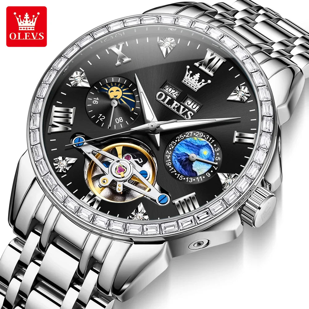 OLEVS 6712 Men's Skeleton Watch – Flywheel, Moon Phase, Waterproof, Diamond Bezel