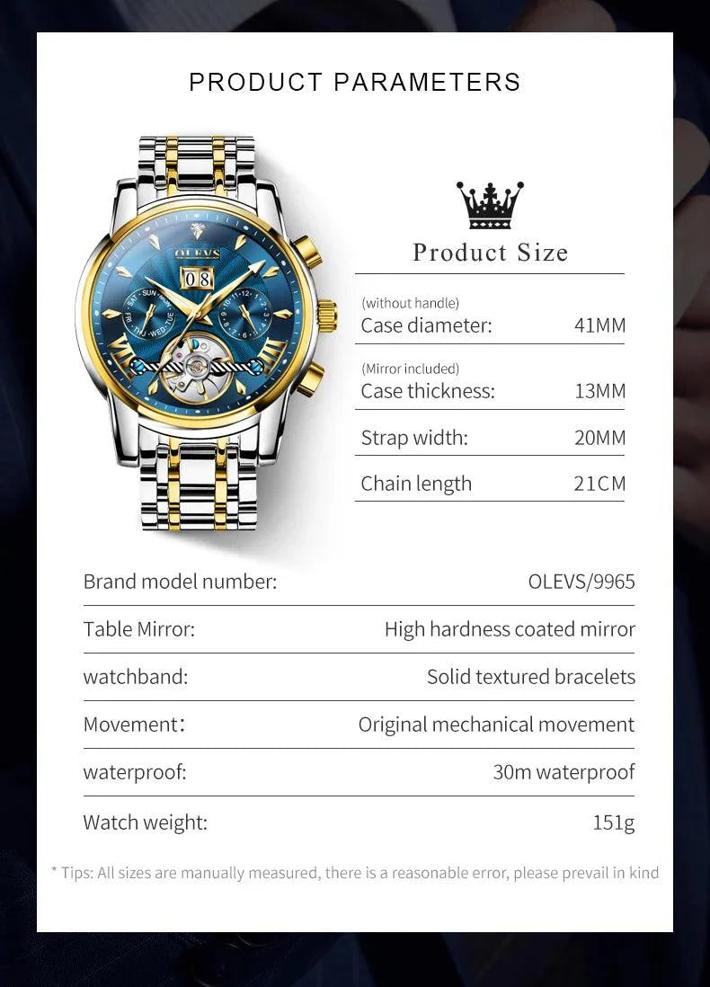 OLEVS 9965 Original Luxury Skeleton Flywheel Mechanical Wristwatch