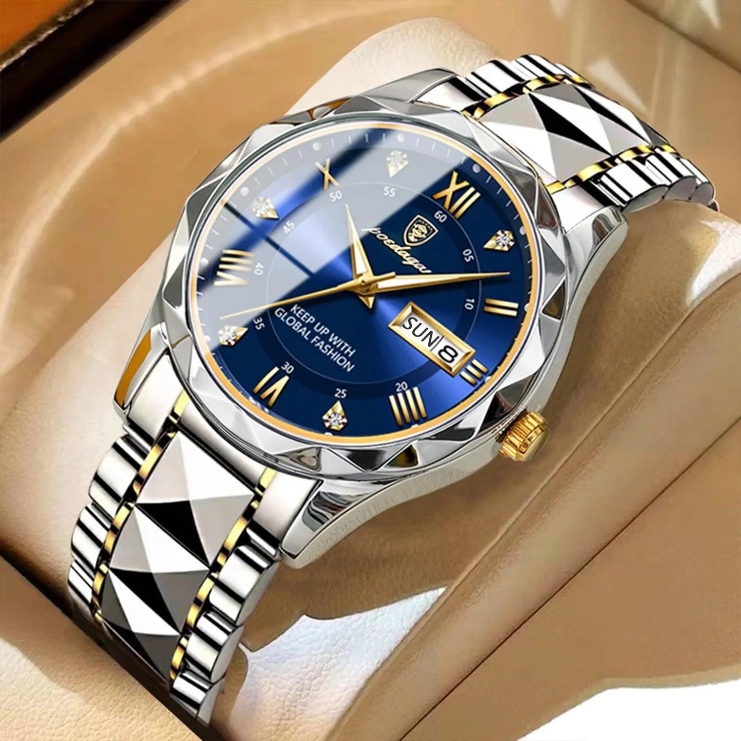 POEDAGAR 615 Diamond Crown & Strap Wristwatch