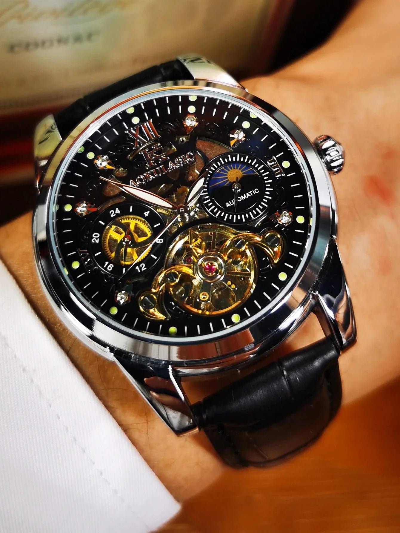 AOKULASIC 014 Skeleton, Moon Phase, Automatic Mechanical Watch Leather Strap