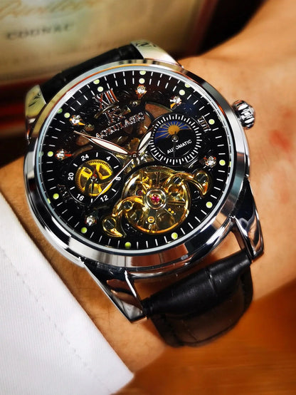 AOKULASIC 014 Skeleton, Moon Phase, Automatic Mechanical Watch Leather Strap