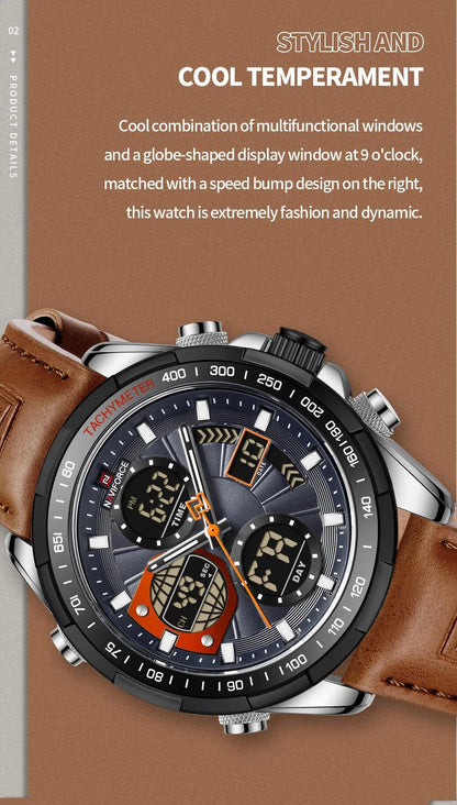 NAVIFORCE 9197L Strong Luminous Dual Display Waterproof Quartz Genuine Leather Wristwatch