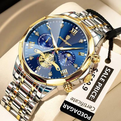 POEDAGAR 938 Diamond Mirror Chronograph, Original Quartz Men's Watch