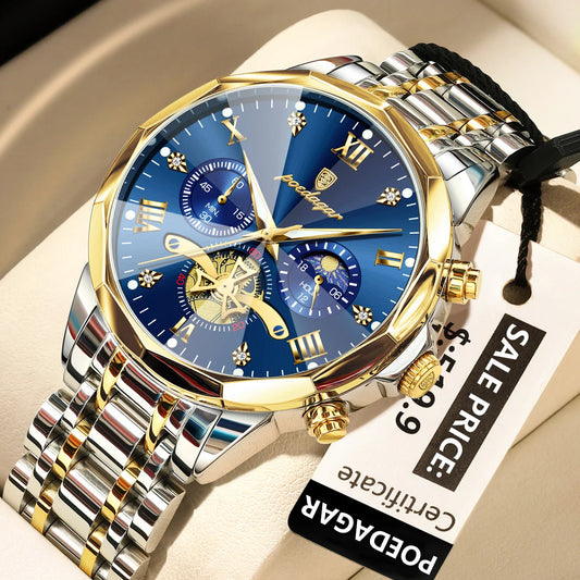 POEDAGAR 938 Diamond Mirror Chronograph, Original Quartz Men's Watch
