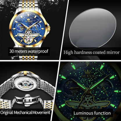 OLEVS 6705 Men's Luxury Starry Sky Dial Moon Phase – Luminous, Waterproof, Wristwatch