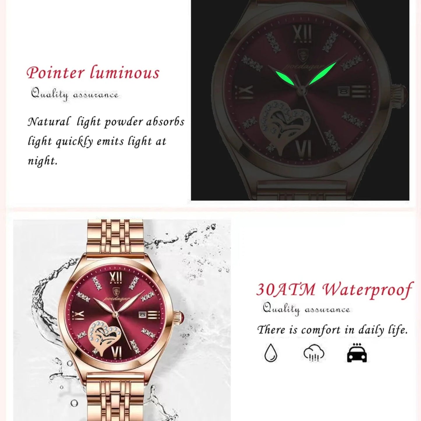 POEDAGAR 320 Luxury Luminous Date Stainless Steel Quartz Ladies Watch