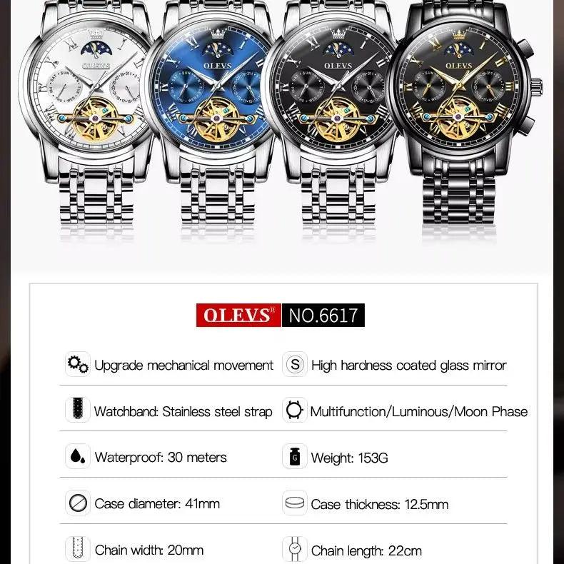 OLEVS 6617 Automatic Skeleton Tourbillon Mechanical Self Winding Original Watch