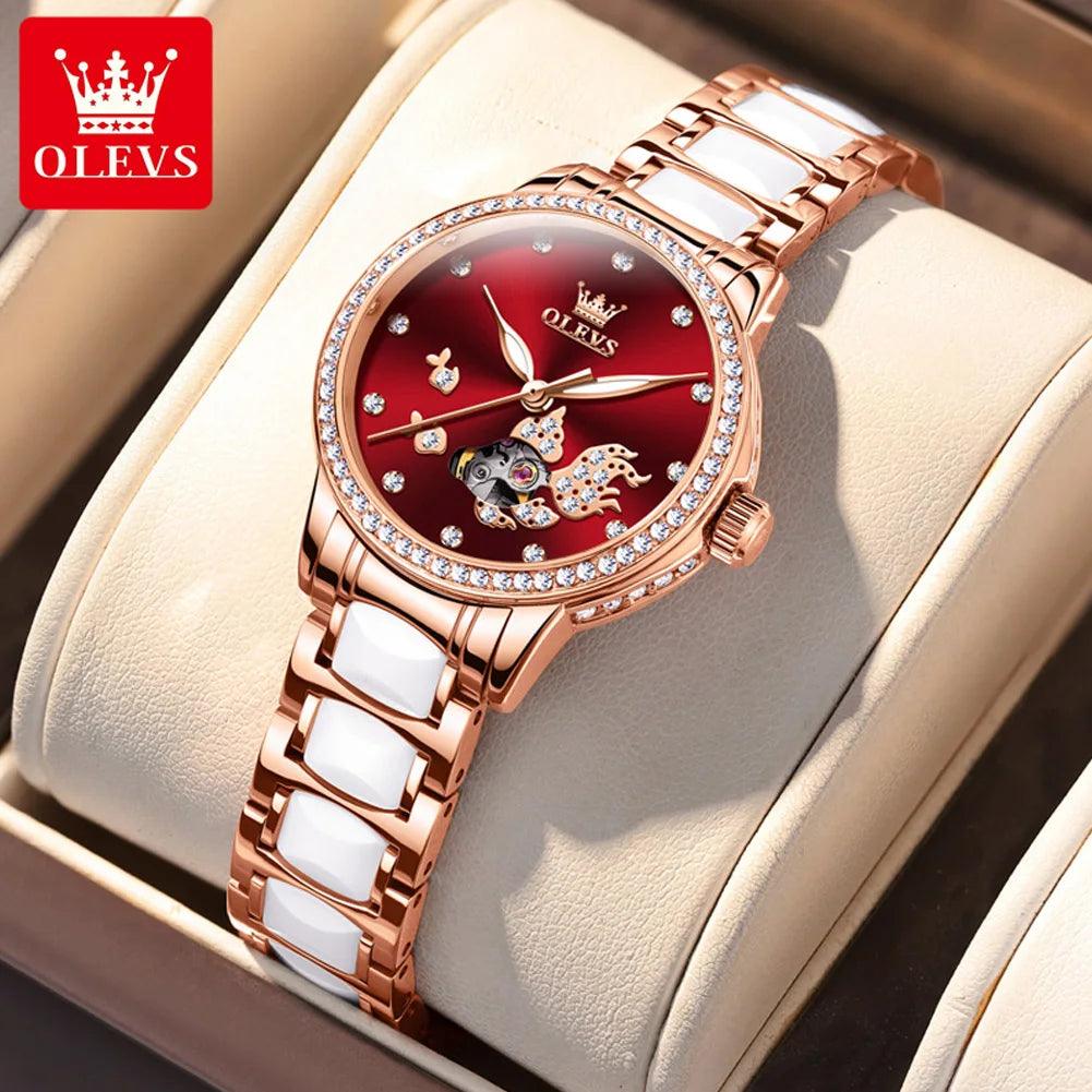 OLEVS 7001 Luxury Mechanical Watch for Women Ceramic Strap Waterproof Woman Wristwatch Original