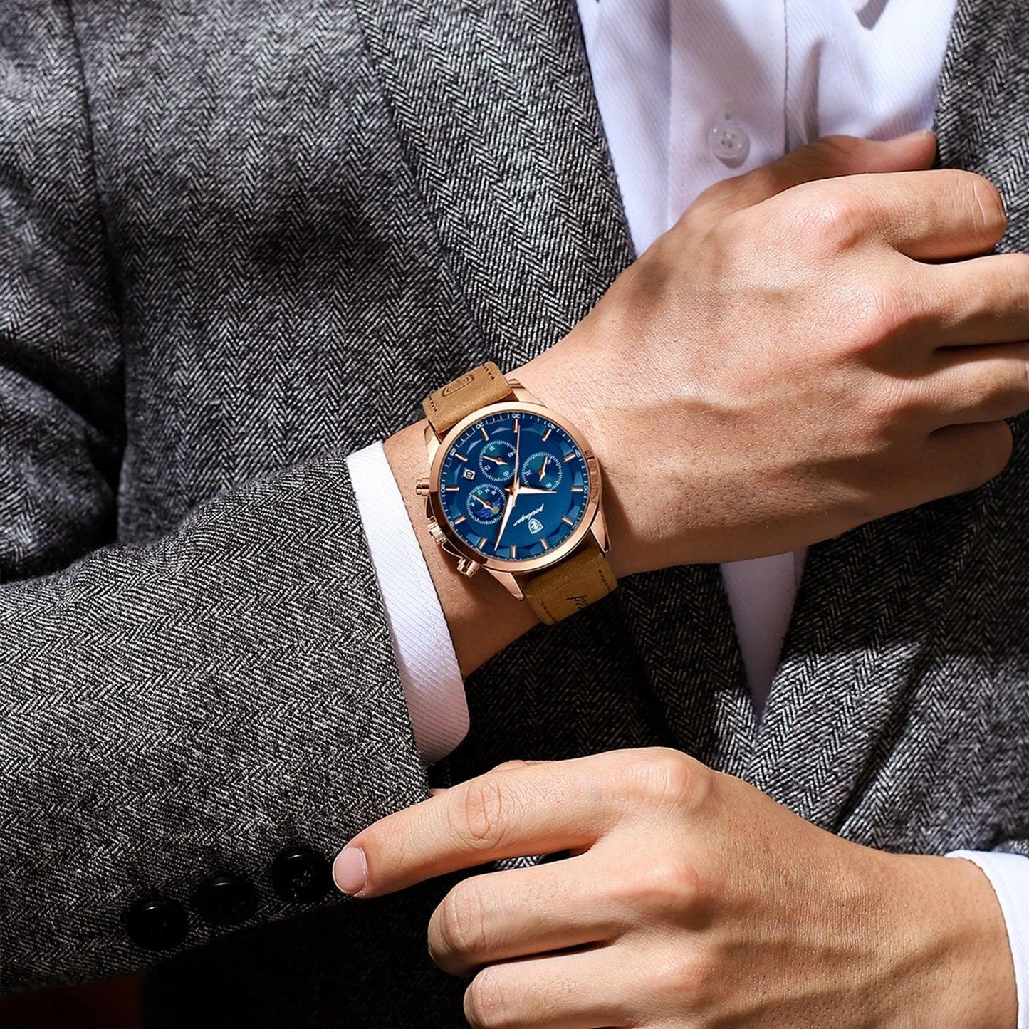 POEDAGAR 928 Leather Men Quartz Watch Luxury Chronograph
