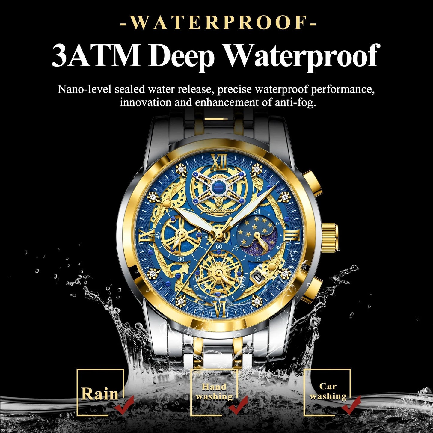 POEDAGAR 984 Luxury Chronograph Stainless Steel Quartz Men's Watch