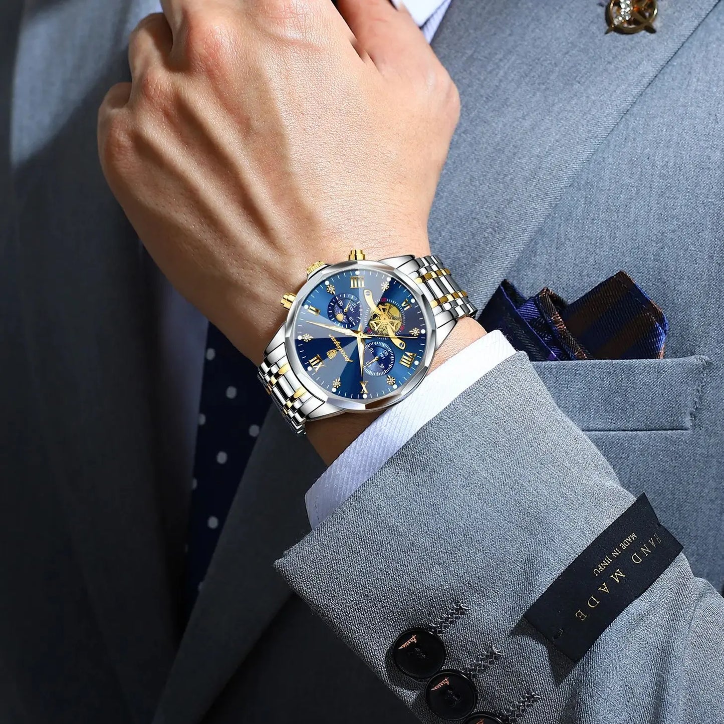 POEDAGAR 938 Diamond Mirror Chronograph, Original Quartz Men's Watch