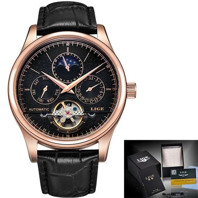 LIGE 6826 Automatic Tourbillon Watch Moohphase, Date and Day