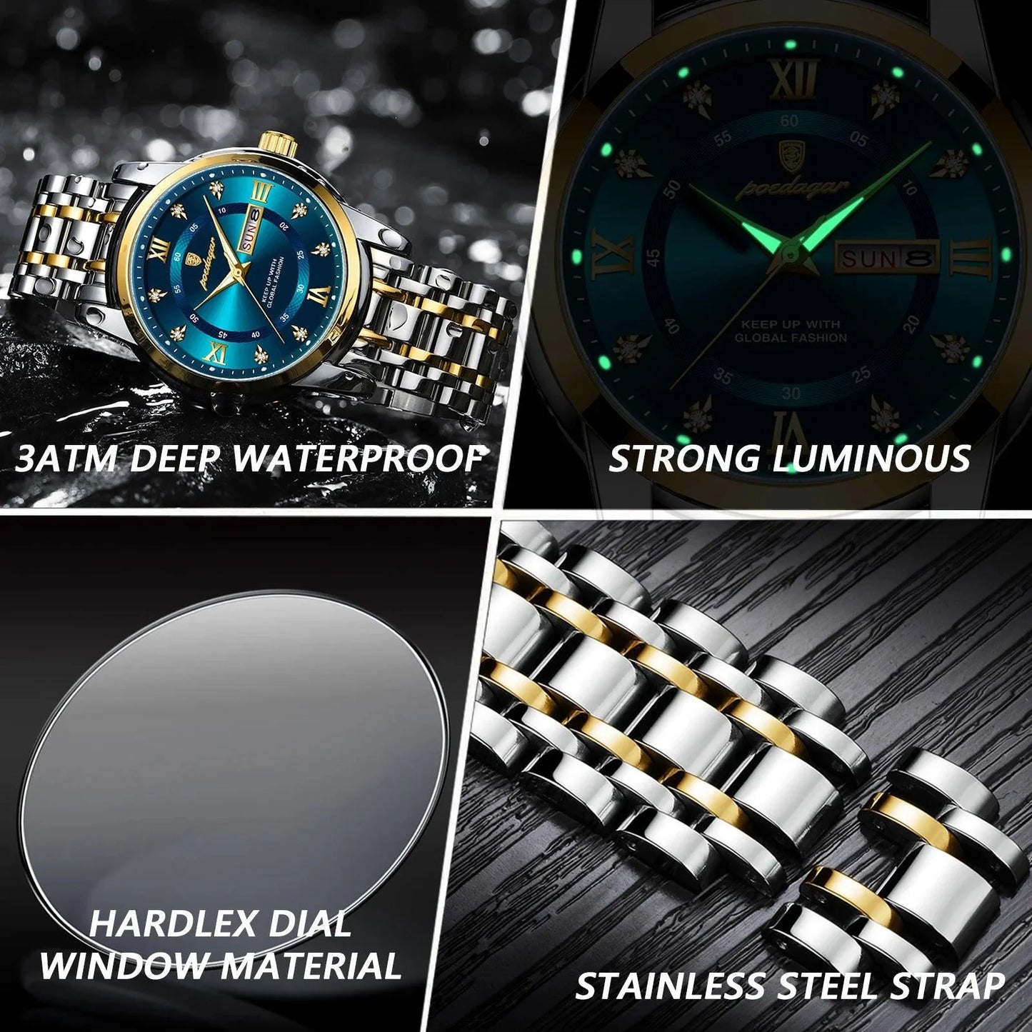 POEDAGAR 936 Men's Stainless Steel Original Quartz Watch with Date & Week Display