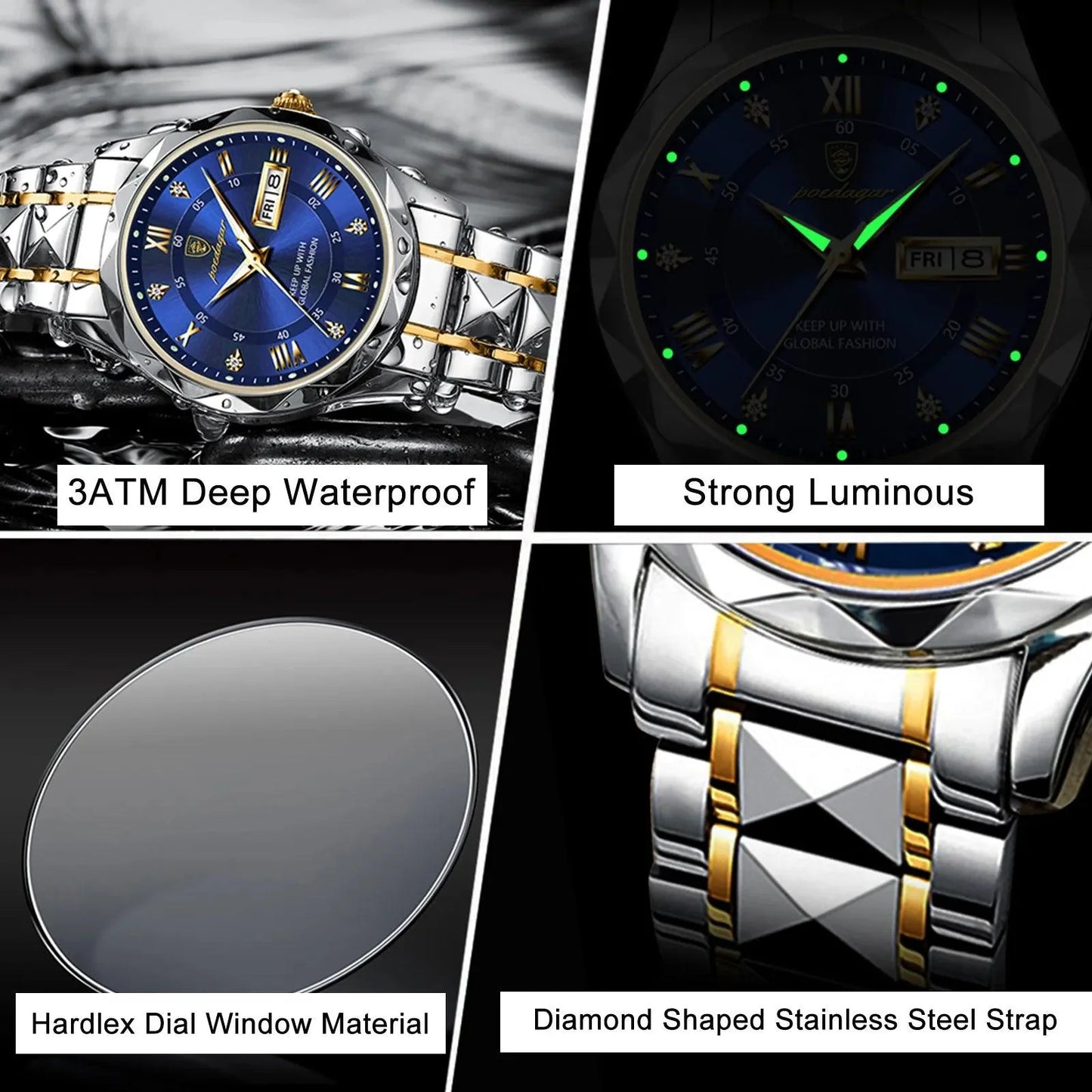 POEDAGAR 615 Diamond Crown & Strap Wristwatch