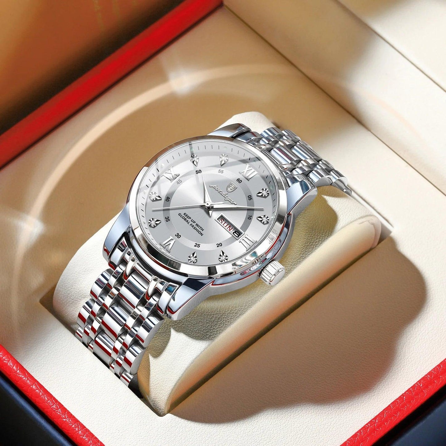 POEDAGAR 936 Men's Stainless Steel Original Quartz Watch with Date & Week Display