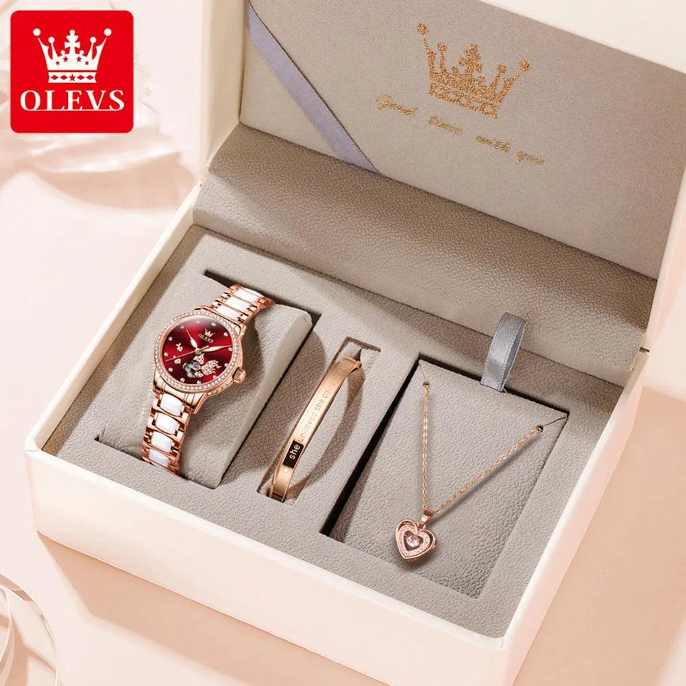 OLEVS 7001 Luxury Mechanical Watch for Women Ceramic Strap Waterproof Woman Wristwatch Original