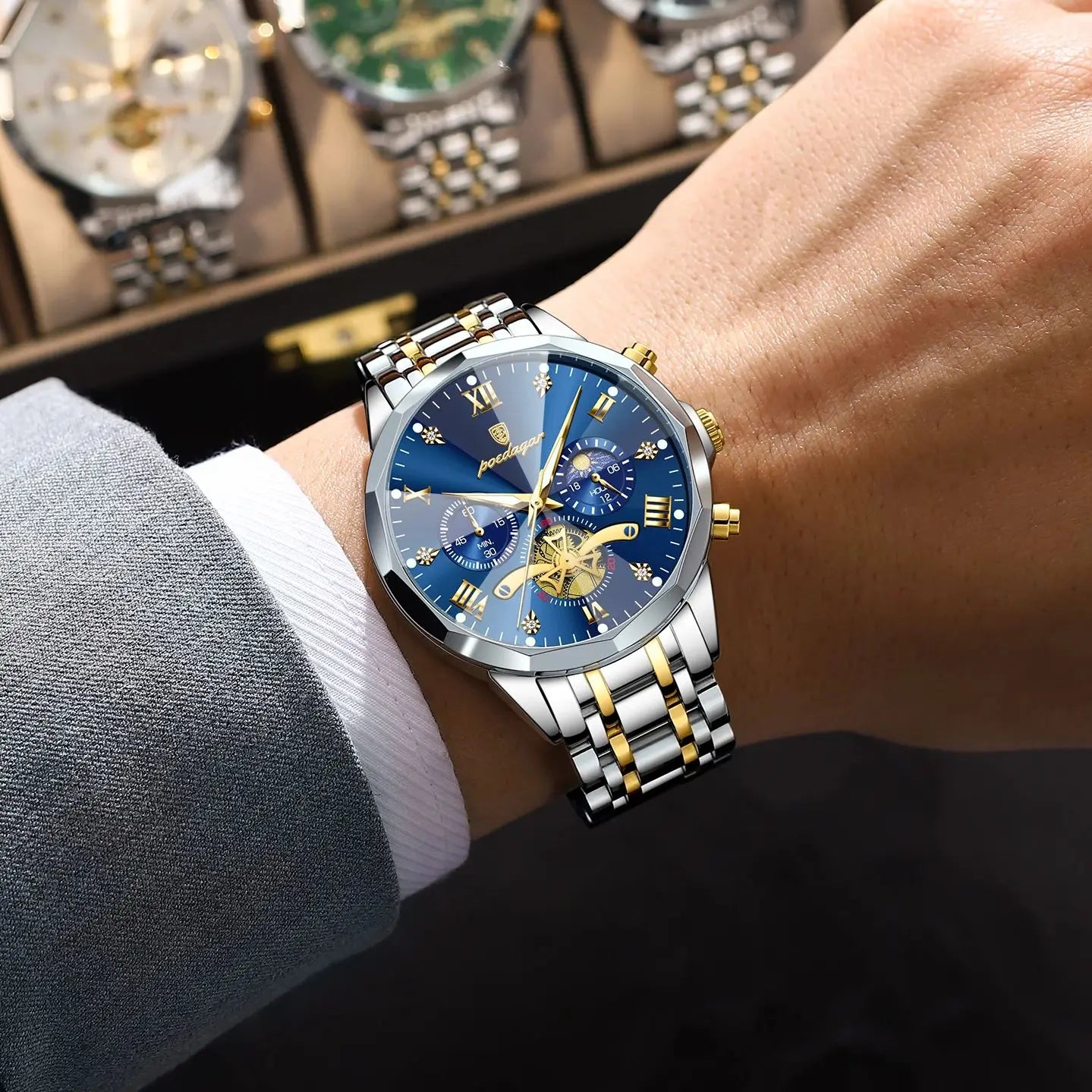 POEDAGAR 938 Diamond Mirror Chronograph, Original Quartz Men's Watch