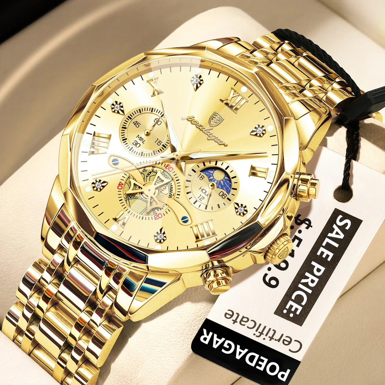 POEDAGAR 938 Diamond Mirror Chronograph, Original Quartz Men's Watch