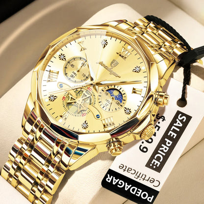 POEDAGAR 938 Diamond Mirror Chronograph, Original Quartz Men's Watch