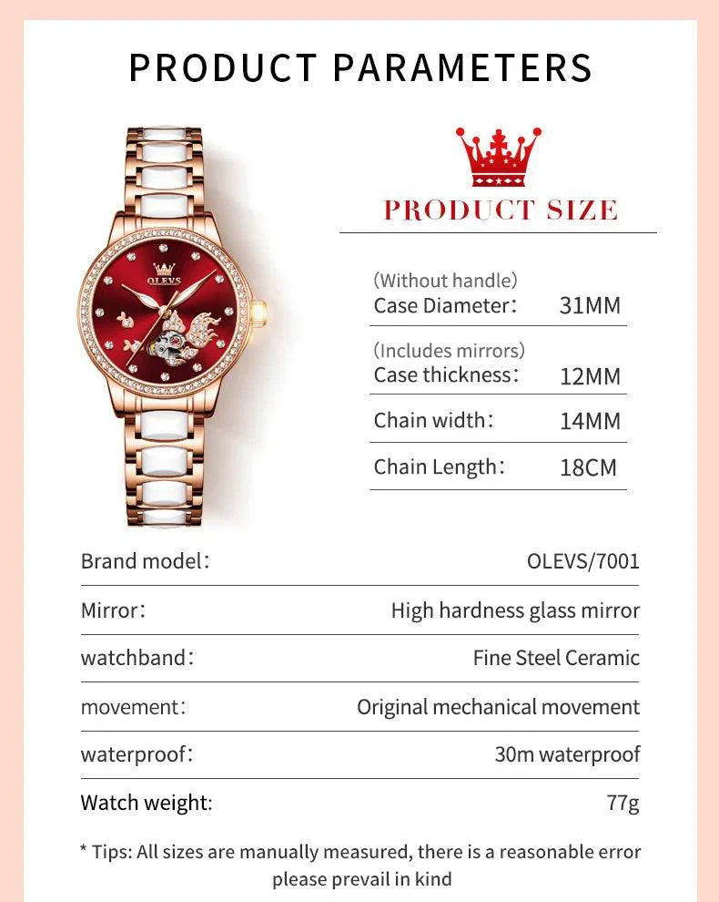 OLEVS 7001 Luxury Mechanical Watch for Women Ceramic Strap Waterproof Woman Wristwatch Original