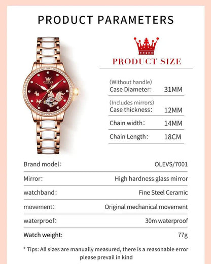 OLEVS 7001 Luxury Mechanical Watch for Women Ceramic Strap Waterproof Woman Wristwatch Original
