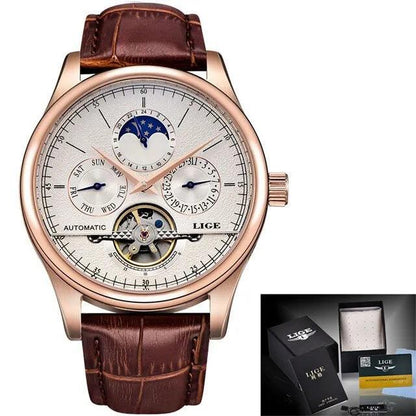LIGE 6826 Automatic Tourbillon Watch Moohphase, Date and Day