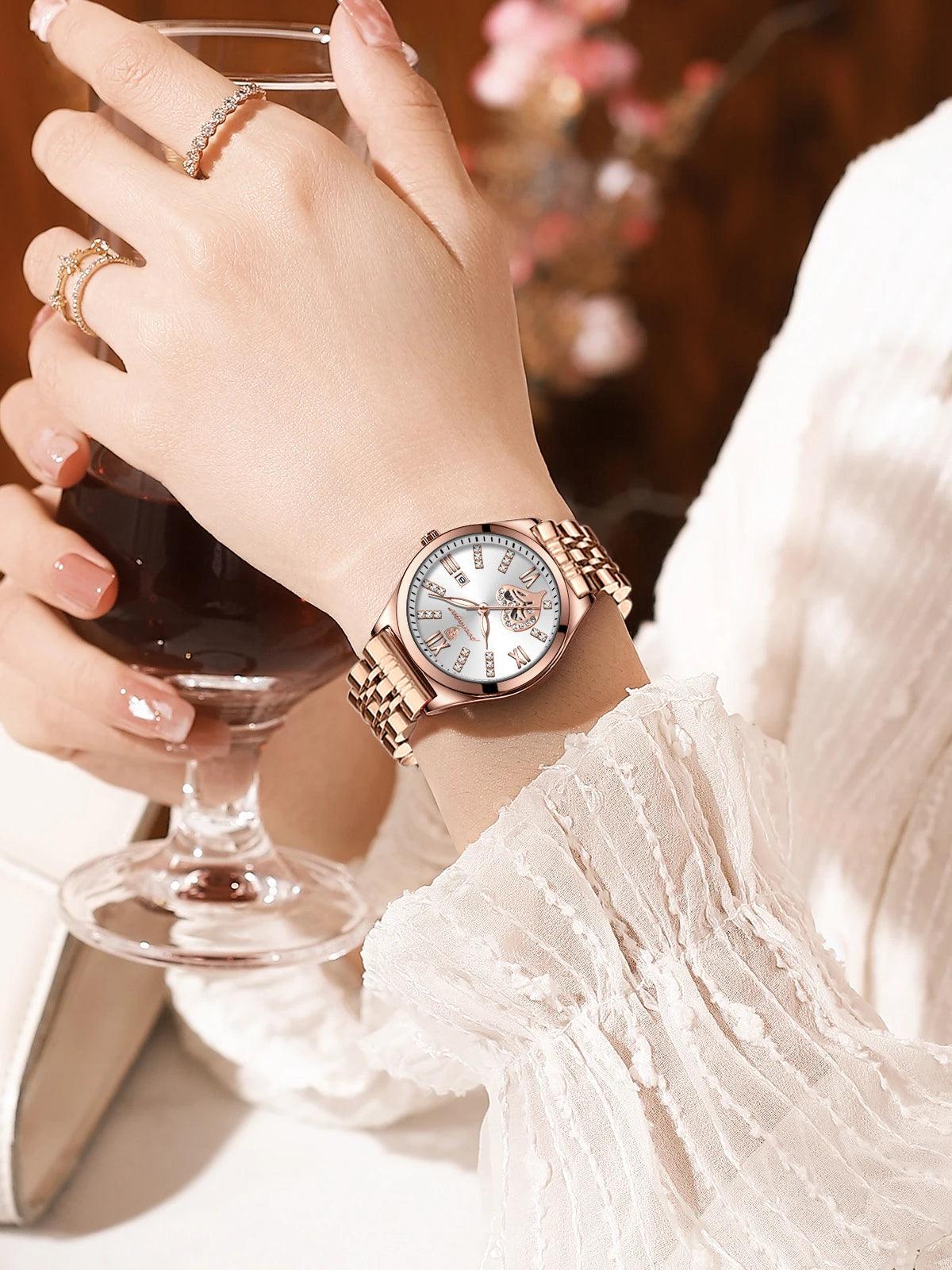 POEDAGAR 320 Luxury Luminous Date Stainless Steel Quartz Ladies Watch