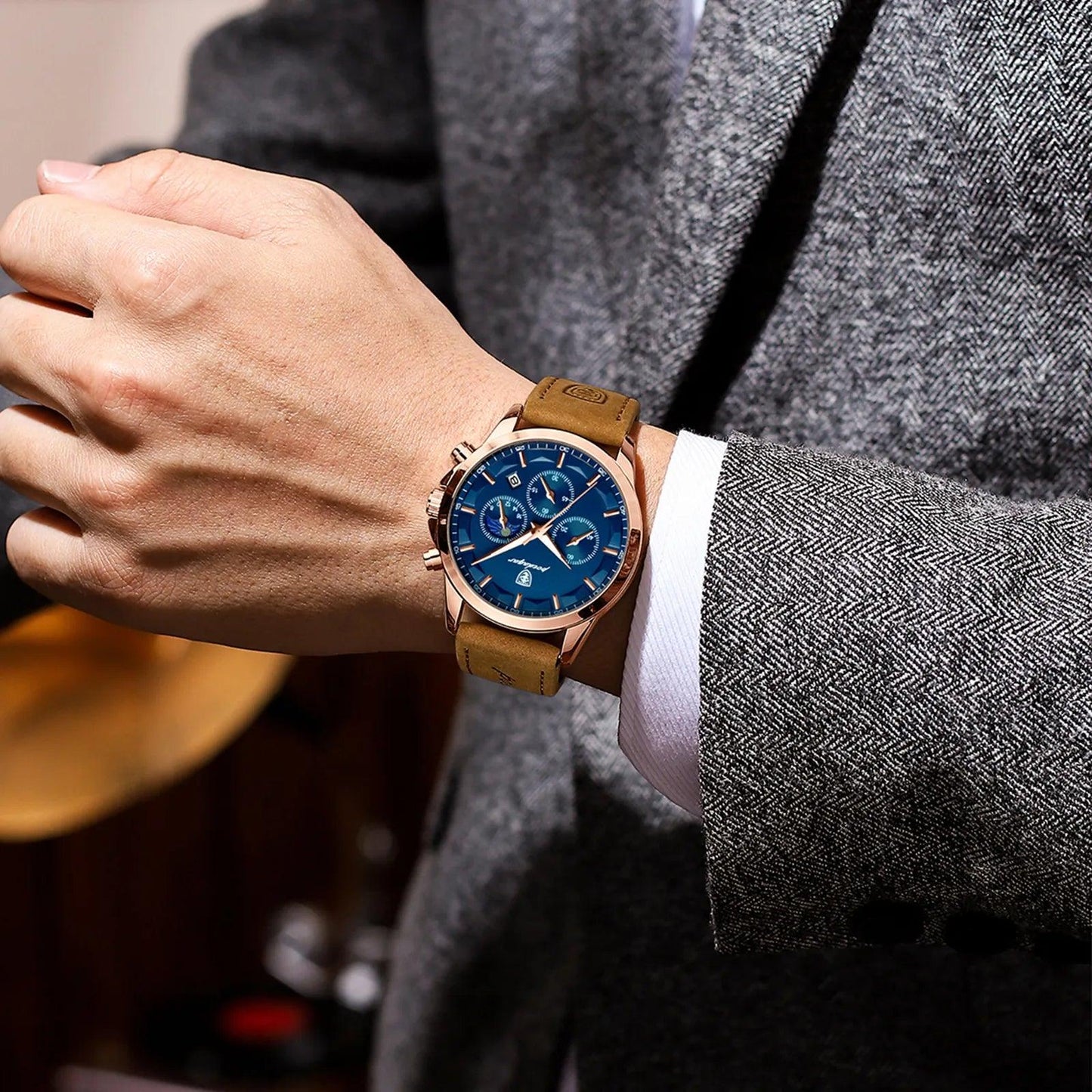POEDAGAR 928 Leather Men Quartz Watch Luxury Chronograph
