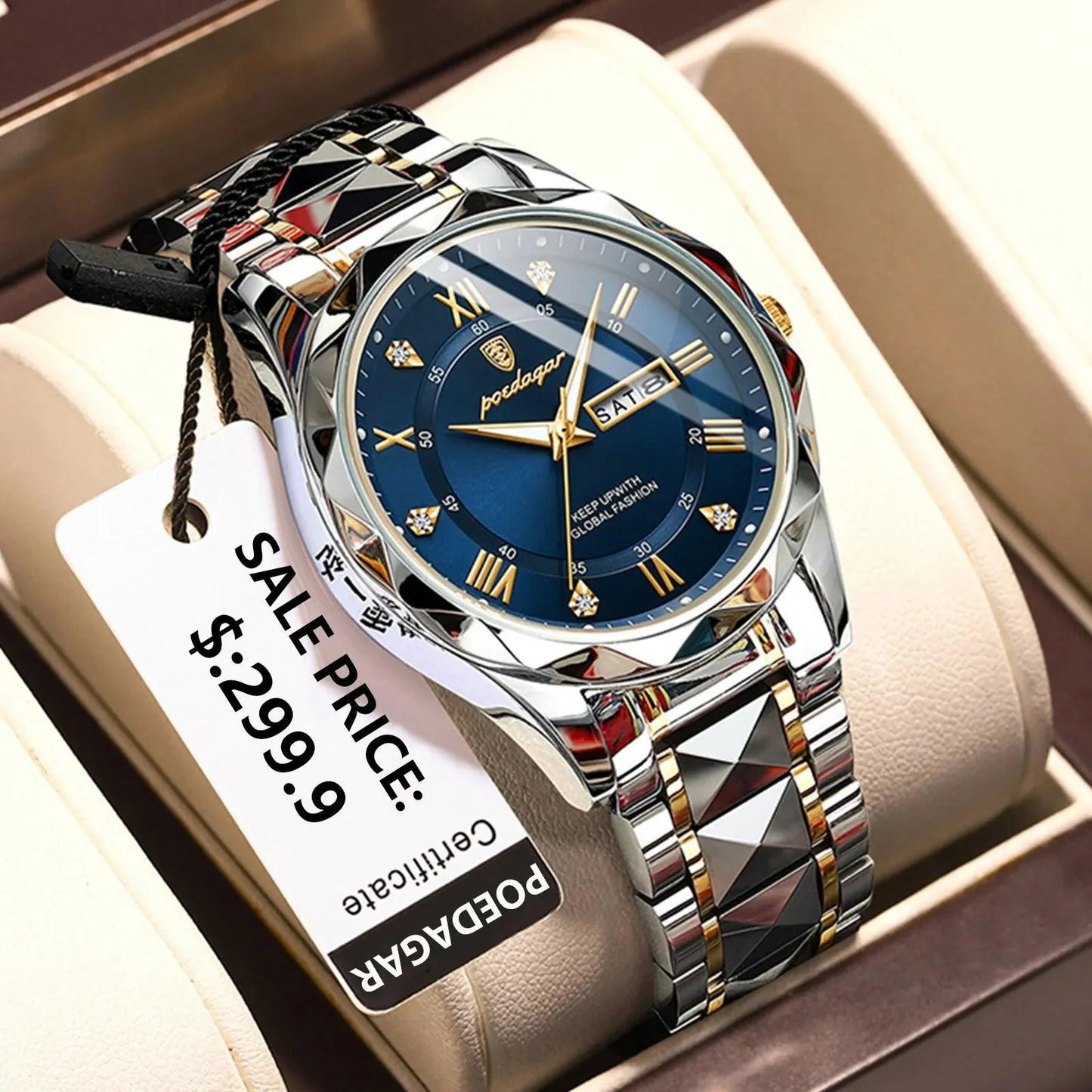 POEDAGAR 615 Diamond Crown & Strap Wristwatch