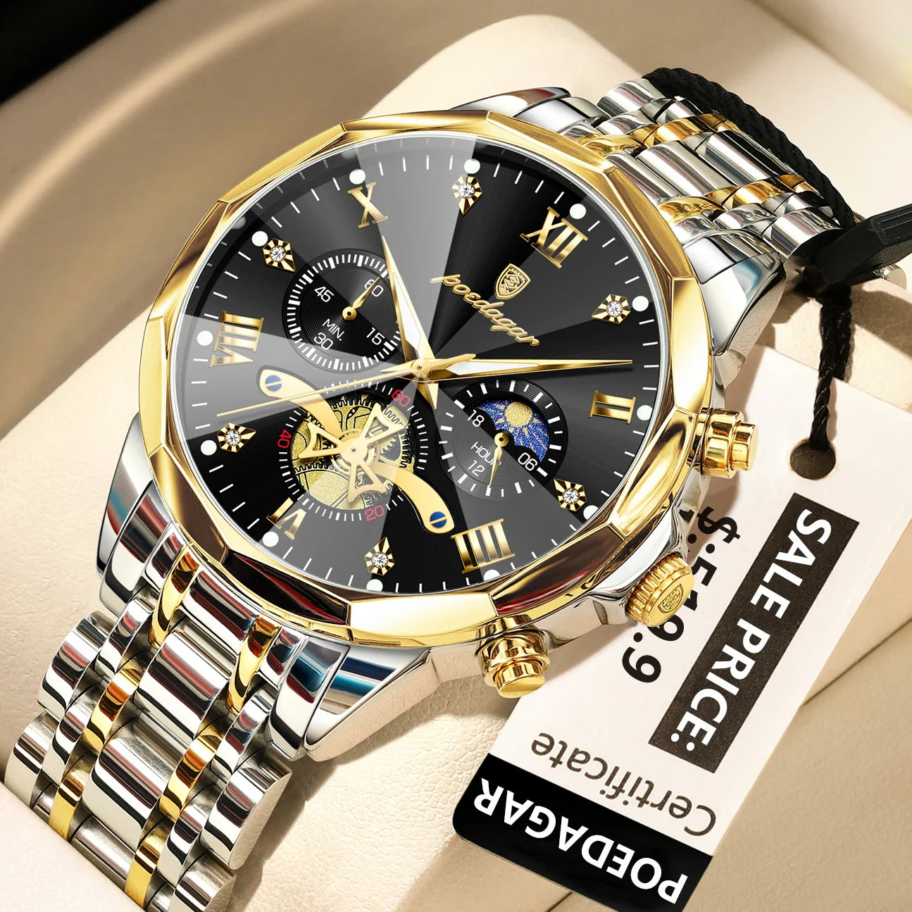 POEDAGAR 938 Diamond Mirror Chronograph, Original Quartz Men's Watch