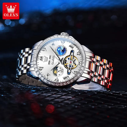 OLEVS 6712 Men's Skeleton Watch – Flywheel, Moon Phase, Waterproof, Diamond Bezel