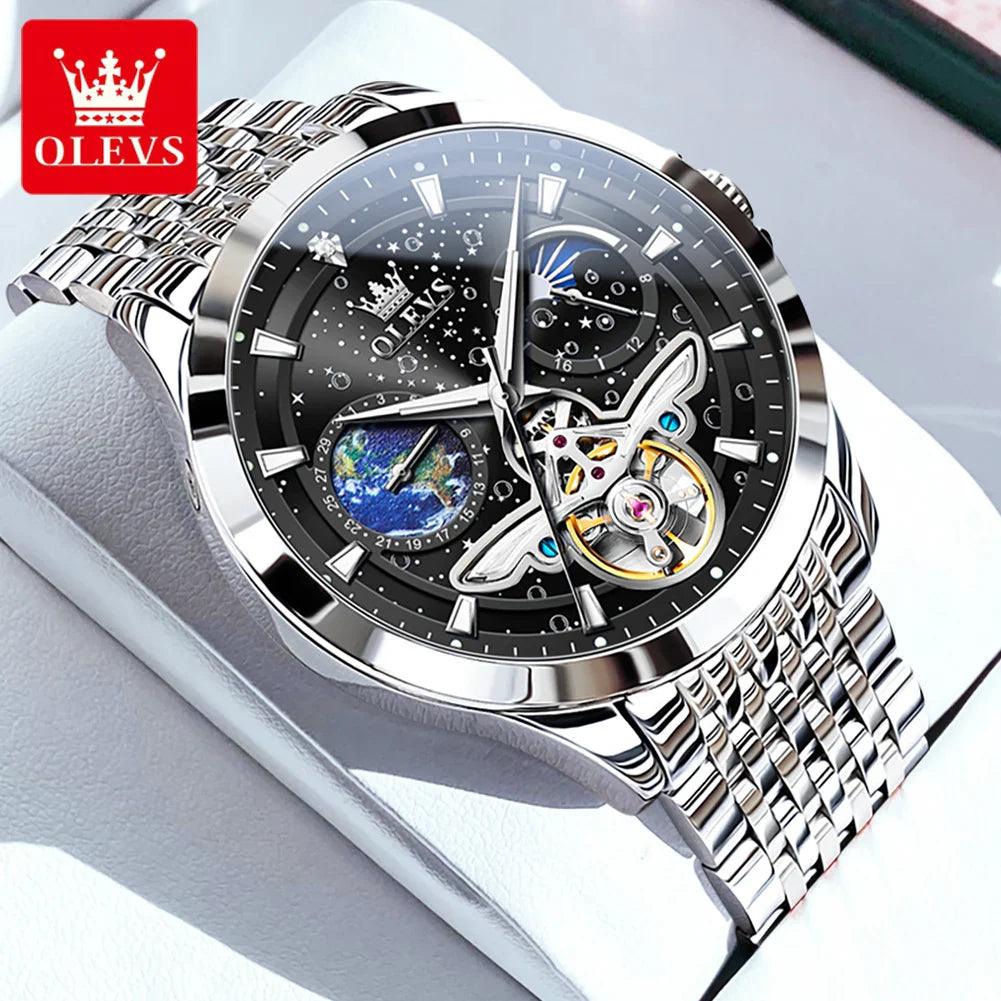 OLEVS 6705 Men's Luxury Starry Sky Dial Moon Phase – Luminous, Waterproof, Wristwatch