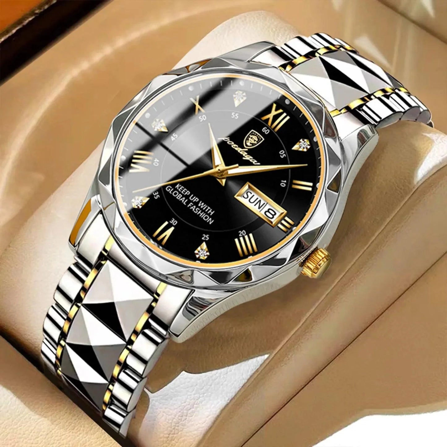 POEDAGAR 615 Diamond Crown & Strap Wristwatch