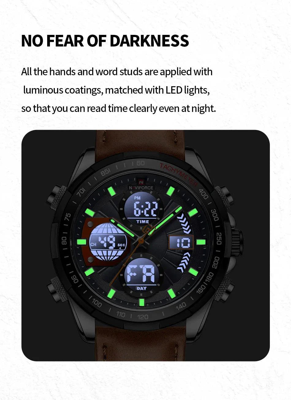 NAVIFORCE 9197L Strong Luminous Dual Display Waterproof Quartz Genuine Leather Wristwatch