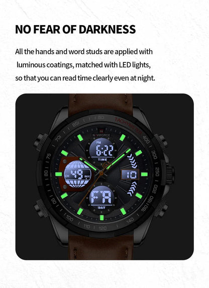 NAVIFORCE 9197L Strong Luminous Dual Display Waterproof Quartz Genuine Leather Wristwatch