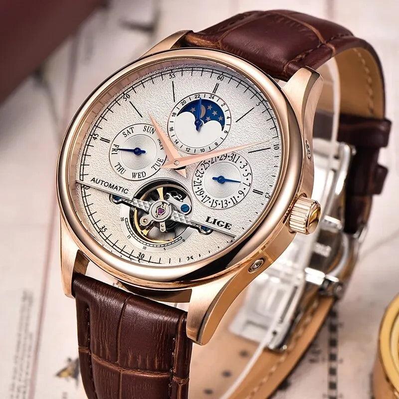 LIGE 6826 Automatic Tourbillon Watch Moohphase, Date and Day