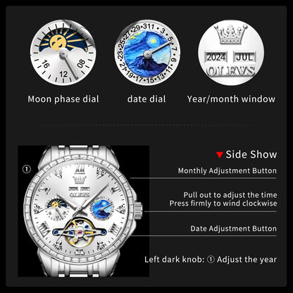 OLEVS 6712 Men's Skeleton Watch – Flywheel, Moon Phase, Waterproof, Diamond Bezel
