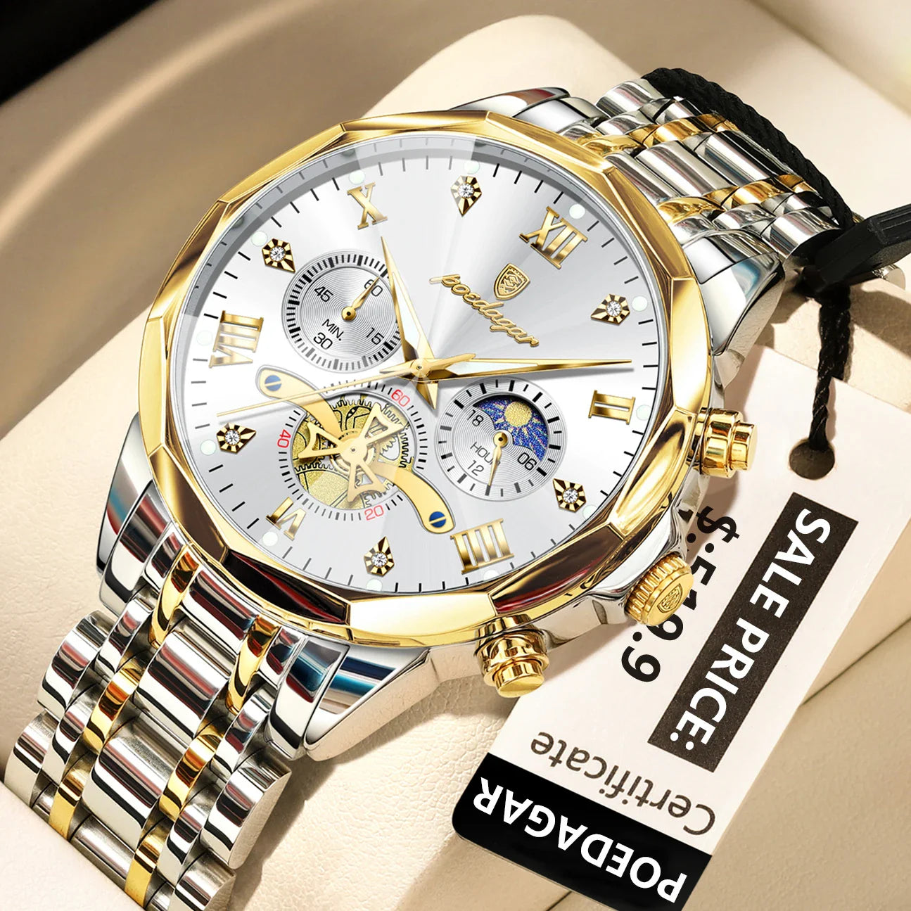 POEDAGAR 938 Diamond Mirror Chronograph, Original Quartz Men's Watch