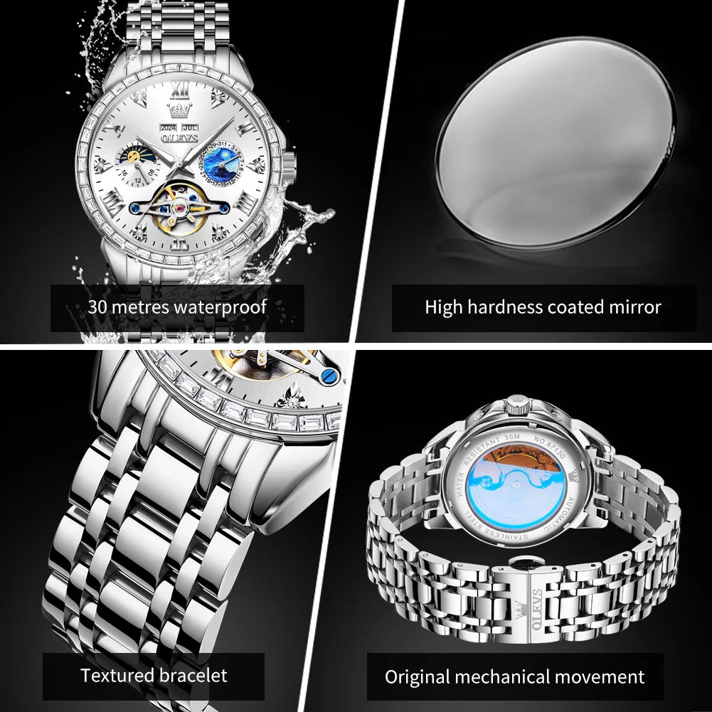 OLEVS 6712 Men's Skeleton Watch – Flywheel, Moon Phase, Waterproof, Diamond Bezel