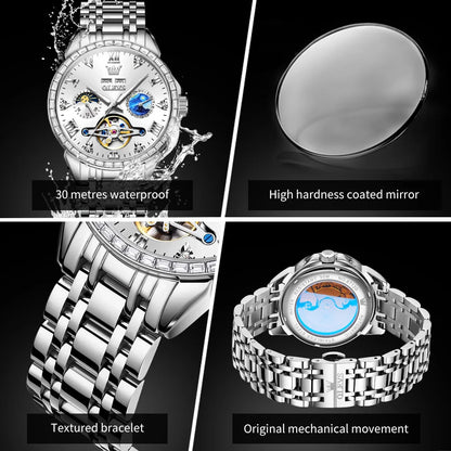 OLEVS 6712 Men's Skeleton Watch – Flywheel, Moon Phase, Waterproof, Diamond Bezel