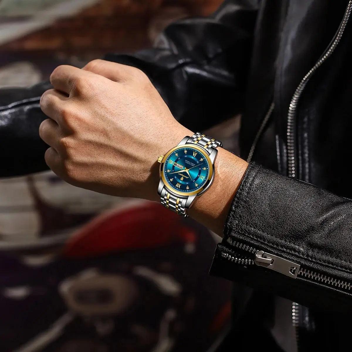 POEDAGAR 936 Men's Stainless Steel Original Quartz Watch with Date & Week Display
