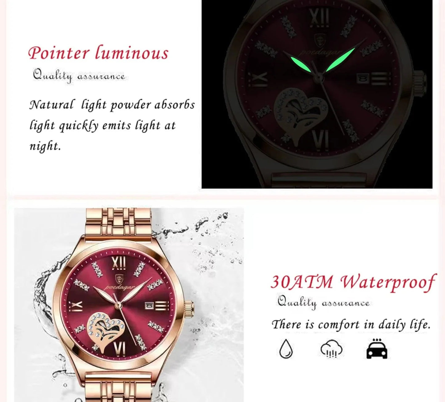POEDAGAR 320 Luxury Luminous Date Stainless Steel Quartz Ladies Watch