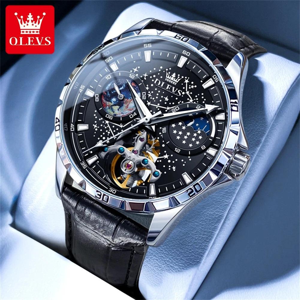 OLEVS 6689 Starry Sky Disk Waterproof Luminous Automatic Moon Phase Wristwatch