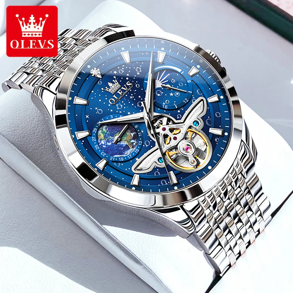 OLEVS 6705 Men's Luxury Starry Sky Dial Moon Phase – Luminous, Waterproof, Wristwatch